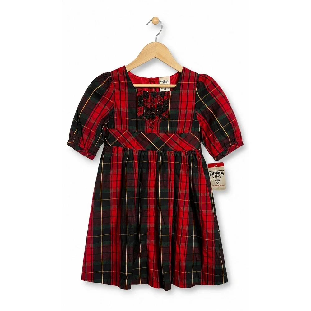 OshKosh‎ b'Gosh Girls Dress Size 3 3T Red Green Black Yellow Plaid Ruffle NEW